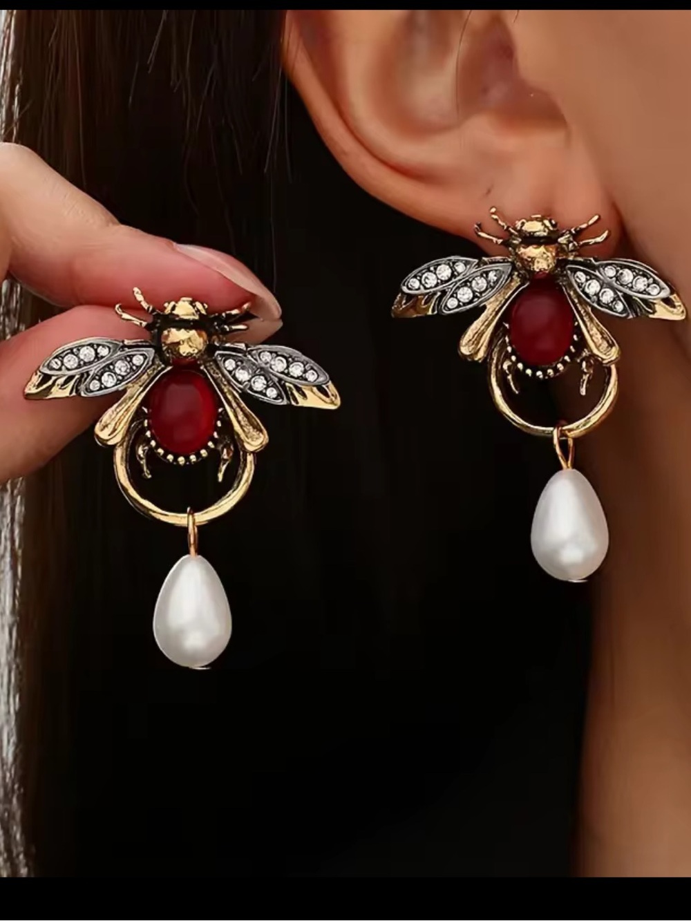 Gold Bee Earrings with Red Stone and White Pearl Drop